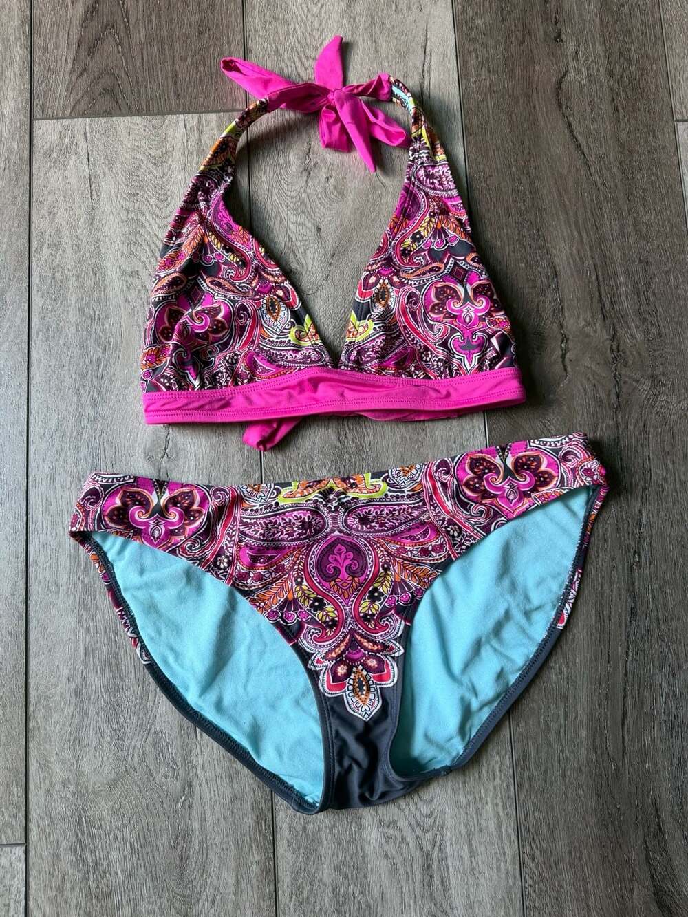 Athleta Pink Paisley Halter Swim Top and Bikini Bottom Set